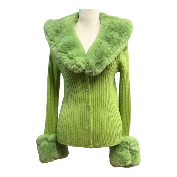 House of Sunny Sweaters - 🎈SOLD HOUSE OF SUNNY Lime ribbed cardigan with faux fur cuffs and collar 4